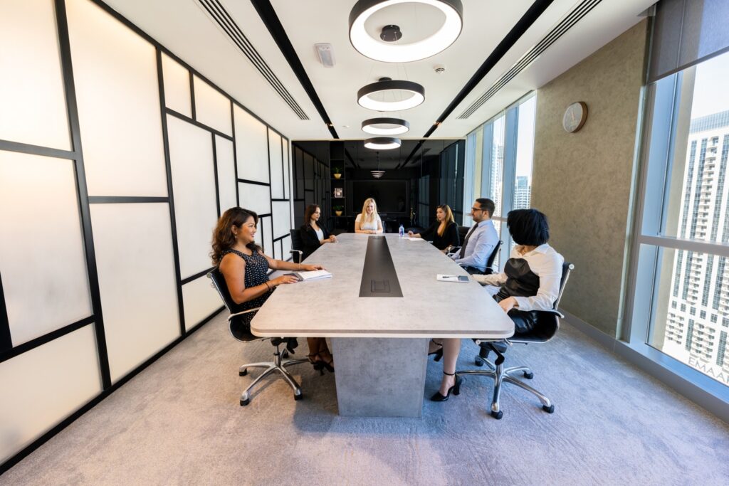 A professional discussion at myOffice premium meeting rooms for rent in Dubai.